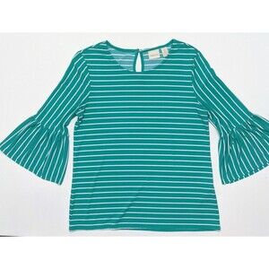 Chico's Size 0 Small Emerald Green Stripe Ruffle Bell Sleeve Top Blouse